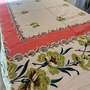 Vintage Floral Tablecloth with Coral and Green Accents